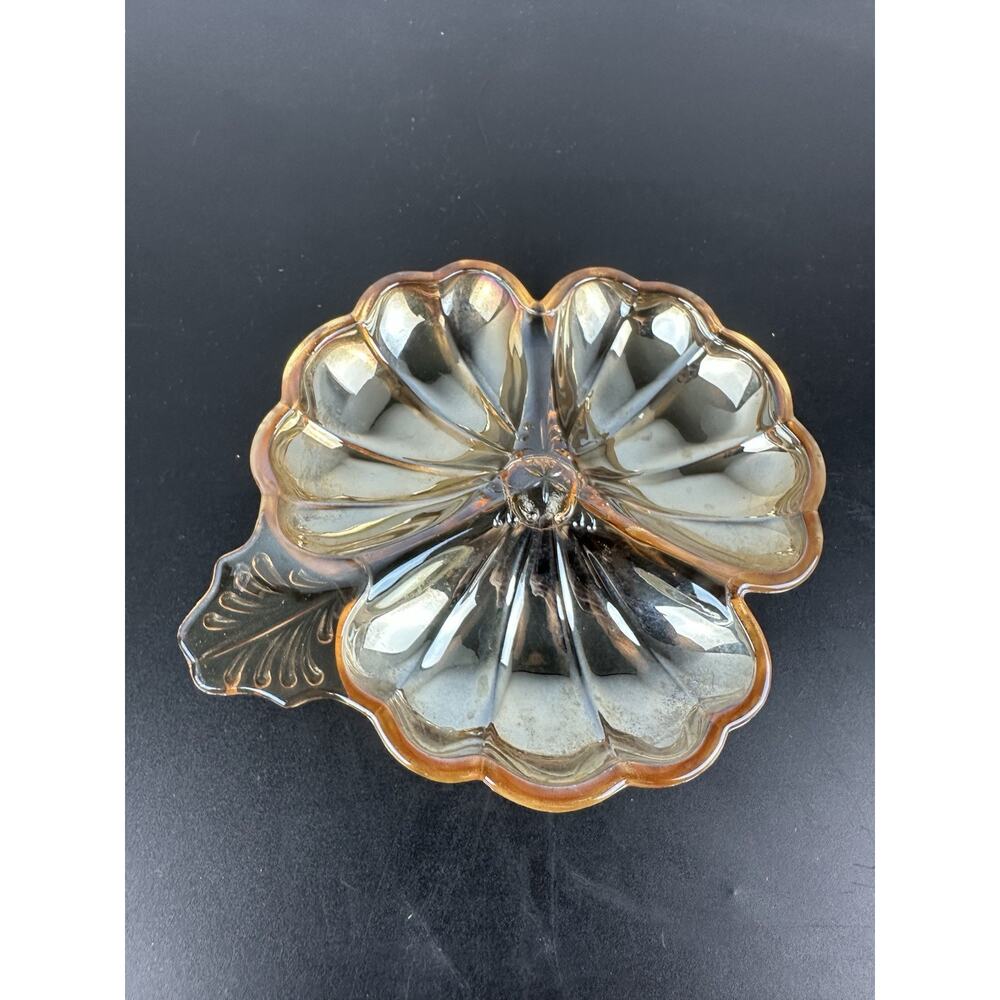 Divided Dish Plate Art Glass Iridescent Amber Clover Leaf Candy Trinket VTG